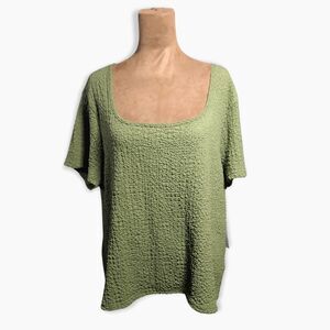 Women’s Plus Size 3XL Green Pucker Knit Top – Square Neck Short Sleeve Blouse